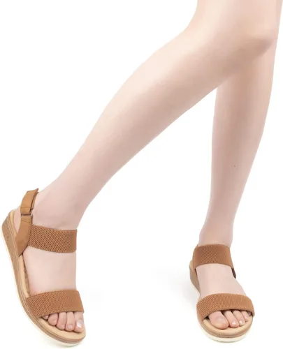 Miniatura 6 de VJH confort Sandalias planas para mujer, puntera abierta, correa elástica en el tobillo, sandalias cómodas de cuña baja