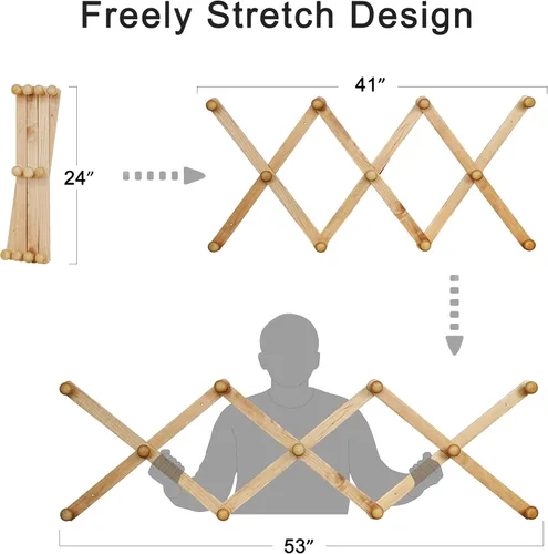 Miniatura 6 de SKOLOO Perchero Grande para Sombreros de Pared, Colgador de Pared de Acordeón de Madera, Moderno, Ganchos Expandibles para Abrigos, Perchero