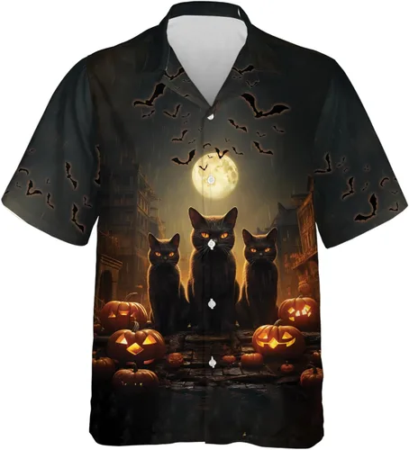 Miniatura 9 de Camisa hawaiana de gato negro para hombre, camisa de noche de Halloween, camisa de manga corta con botones (MP_HW_66)