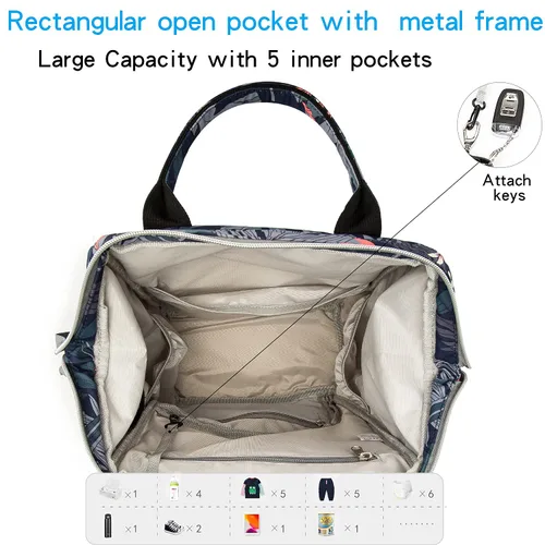 Miniatura 9 de Mochila floral para pañales con puerto de carga USB, correas para cochecito y bolsillo aislado, mochila de viaje para mujeres/madres