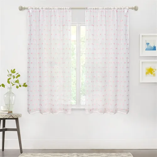 Miniatura 6 de MYSKY HOME Cortinas rosas para dormitorio de 63 pulgadas de largo, con pompones, cortinas traslúcidas blancas cortas para habitación de niños