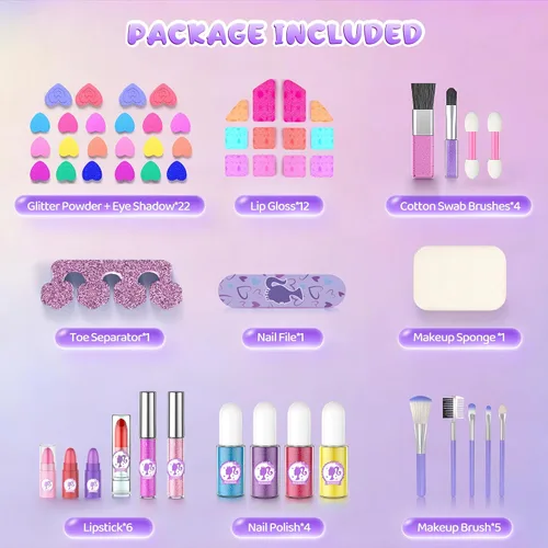 Miniatura 2 de PERRYHOME Kit de maquillaje para niños para niña, juego de cosméticos reales lavables de 59 piezas, juego de maquillaje para niños no tóxicos, kit