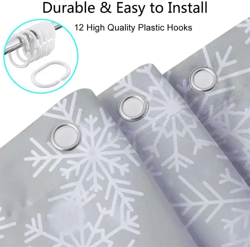 Miniatura 7 de DYNH Juego de cortinas de ducha con fondo de Navidad, diseño de copo de nieve blanco y plateado, cortinas de baño de tela de alta calidad