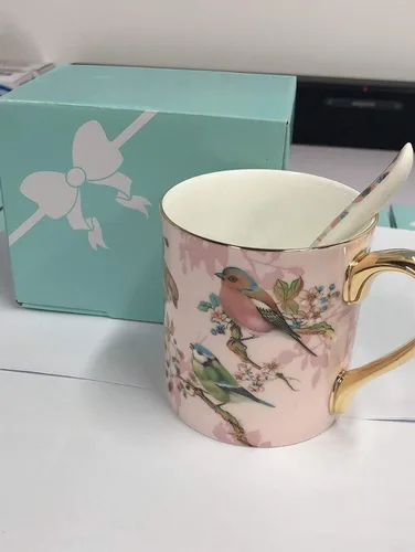 Miniatura 7 de Taza de café de porcelana de porcelana de hueso para la oficina de la cocina del hogar - Patrones de pájaros (azul)