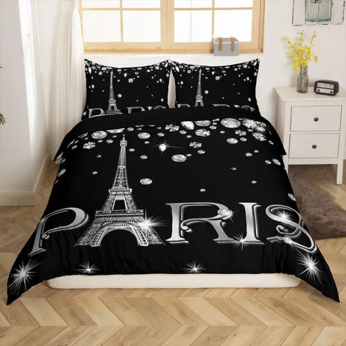 Miniatura 11 de Erosebridal Funda de edredón de la Torre Eiffel para niñas, juego de ropa de cama romántica de París azul, negro y blanco, funda de edredón