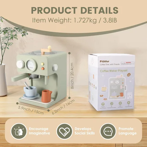 Miniatura 4 de Pithfor Juguete Cafetera de Madera para Niños con Molinillo, Juego de Simulación Electrodomésticos de Cocina y Accesorios Juguete Regalo para Niños