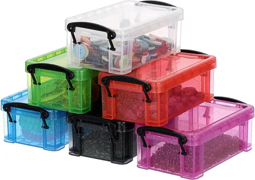 BTSKY Mini caja de almacenamiento de plástico pequeña de 6 colores con tapa de bloqueo, organizador de plástico transparente y cajas de colores