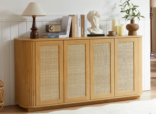 Miniatura 14 de LKTART Aparador de 64 pulgadas con almacenamiento, armario de almacenamiento de madera acanalada, aparador Credenza con estantes ajustables, resorte