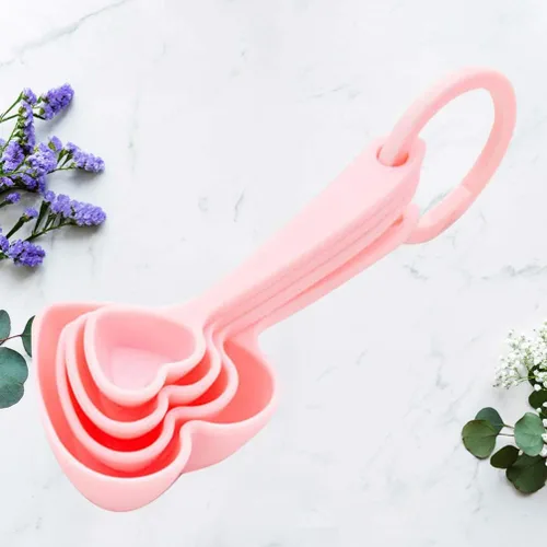 Miniatura 2 de Hemoton Cucharas medidoras de plástico con forma de corazón, cucharadita de postre, cuchara de café, medida seca, vajilla líquida para cocina, Rosado