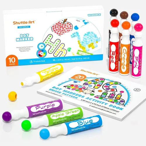 Shuttle Art - Marcadores de puntos de 10 colores lavables no tóxicos para niños de educación temprana, marcador de bingo para la creación con 1
