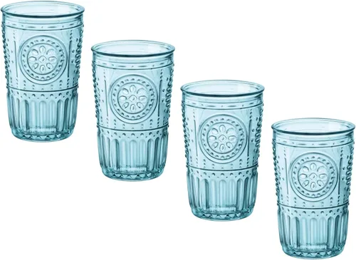 Bormioli Rocco Juego Romántico de 4 Vasos Tumbler, 11.5 Oz. Cristal de Vidrio de Color, Azul Claro, Fabricado en Italia.