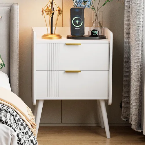 Miniatura 14 de Aenuert Mesita de noche moderna con cajón de almacenamiento y estante abierto, soporte de noche pequeño, mesa auxiliar de sofá de madera para Negro