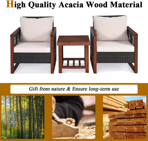 Miniatura 6 de Tangkula Juego de muebles de mimbre de 3 piezas, juego de sofá de ratán para exteriores con cojín lavable y mesa de centro de madera de acacia