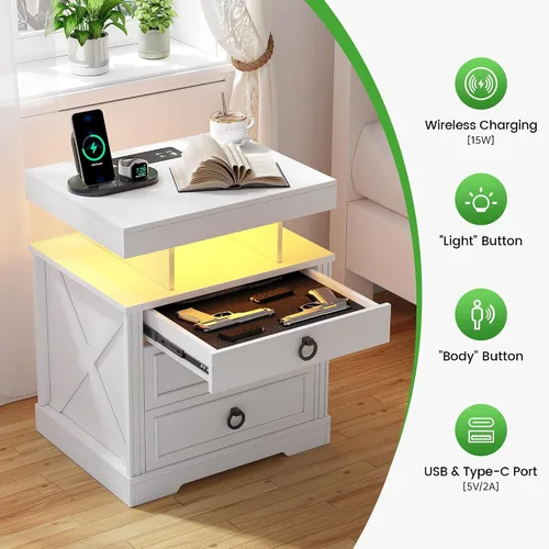 Miniatura 4 de HNEBC Mesita de noche con cajones para armas, mesita de noche de granja con estación de carga, mesita de noche secreta con luz automática de 3