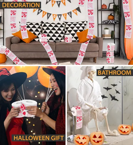 Miniatura 5 de Printed TP Papel higiénico impreso con texto en inglés "Beware of Devil" de Halloween, rollo de papel higiénico aterrador para sorpresa, broma, Rojo