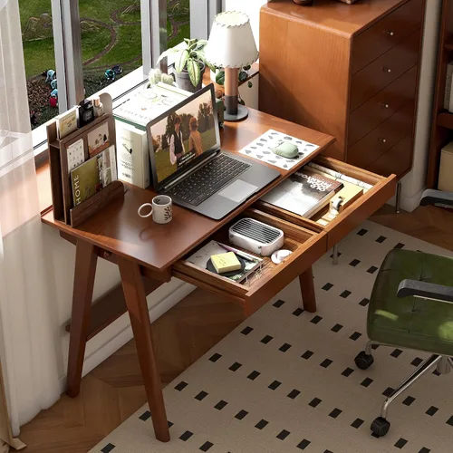 Miniatura 20 de Escritorio de madera maciza con acabado de nogal, escritorio pequeño para oficina en casa, escritorio de computadora para espacios pequeños