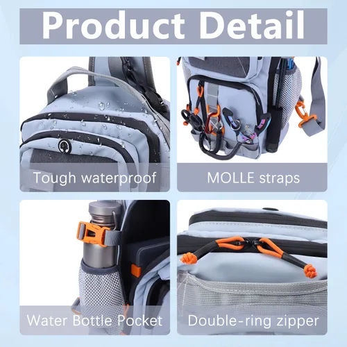 Miniatura 3 de Mochila de pesca con cajas de aparejos, bolsa de hombro de pesca impermeable con soporte para caña, bolsa de pescado con kit de 136 señuelos de Gris