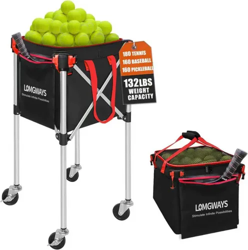 Pickleball Tennis Ball Hopper-Foldable Lightweight Tennis Cart Holds 180 Tennis/160 Pickleballs with Removable Bag,Wheels,Side Pocket for