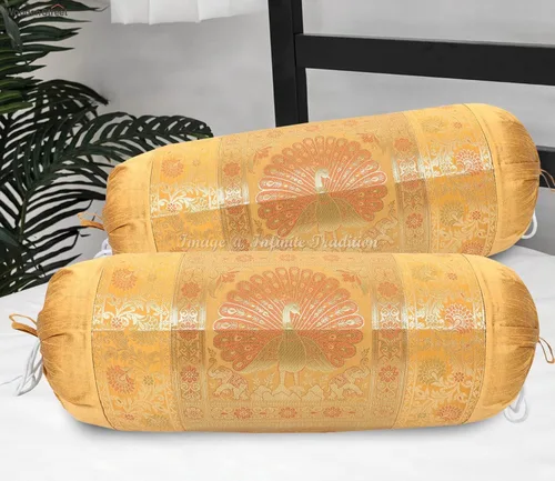 Funda de almohada de tubo de cojín para sala de estar, cilíndrico amarillo dorado, funda de cojín decorativa redonda brocado de seda de brocado de