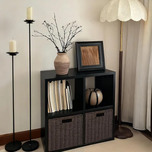 Miniatura 37 de IRONMIX Organizador de almacenamiento de 5 cubos de metal, estantería corta negra, soporte de TV para televisores de hasta 40 pulgadas, centro