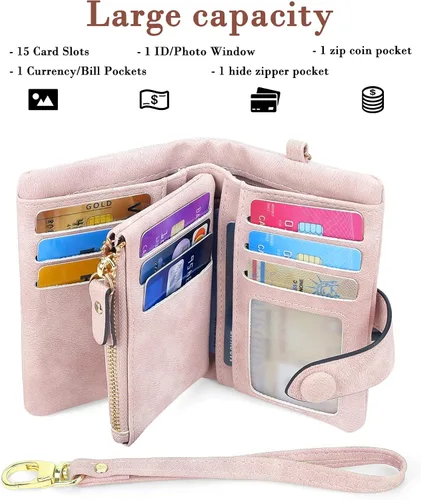 Miniatura 8 de CONISY Billeteras pequeñas de pulsera para mujer, billetera de cuero plegable RFID con ventana de identificación y cremallera Small, Bifold, RFID