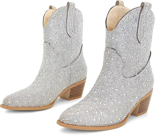 Miniatura 4 de STALOV Botas vaqueras cosidas para mujer, punta puntiaguda, tacón bajo y grueso, botas vaqueras occidentales bordadas