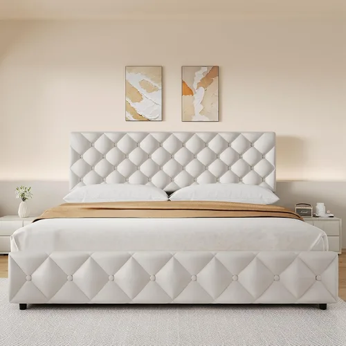 Miniatura 9 de IDEALHOUSE Base de cama de tamaño matrimonial con 4 cajones de almacenamiento y cabecera ajustable, camas de plataforma tapizadas con tapizado