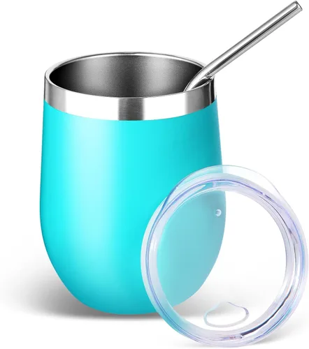 Miniatura 8 de Volhoply - Juego de 12 vasos de vino de 12 onzas con tapa, hechos de acero inoxidable con aislamiento al vacío de doble pared, vasos de vino sin Rosa