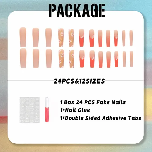 Miniatura 5 de IMSOHOT Uñas postizas, acrílicas de color naranja mate, puntas francesas cuadradas, 24 unidades, uñas extra largas con pegamento con bonitos diseños