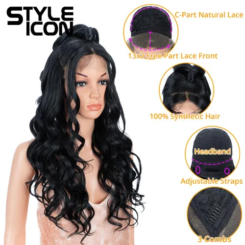 Miniatura 3 de Style Icon - Peluca de encaje frontal negra con parte libre, estilo U, de 24" de largo, ondulada con flequillo, sintética, resistente a altas 1