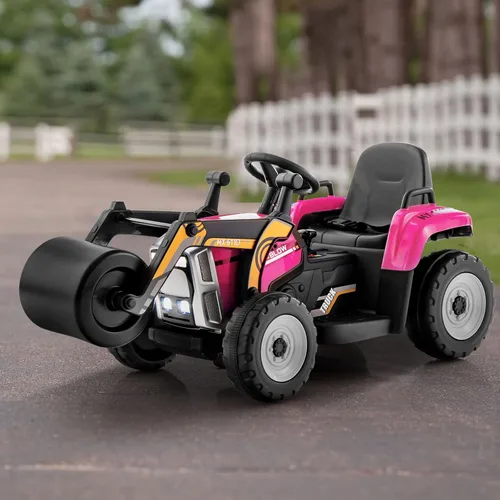 Miniatura 9 de Costzon Auto para montar en coche, rodillo de carretera de 12 V con control remoto, tractor eléctrico a batería con rodillo de tambor ajustable, Rosa