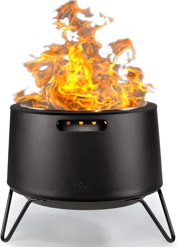 TIKI Fogata social sin humo de 20 pulgadas, hoguera portátil para exteriores con base de ceniza extraíble, soporte y cubierta de tela, moderna