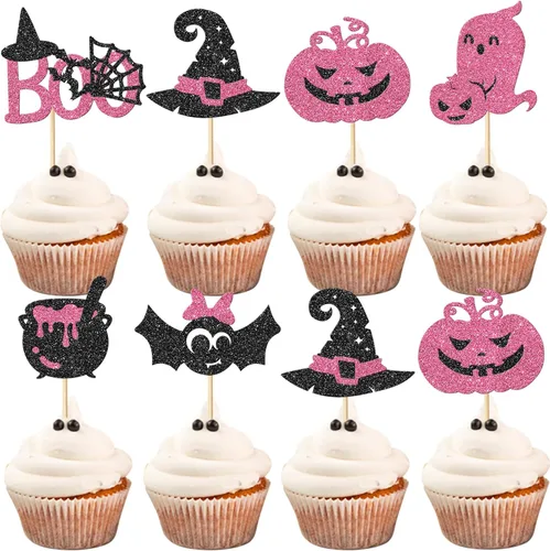 Miniatura 26 de Rsstarxi Paquete de 24 adornos para cupcakes Little Boo con purpurina, bruja, gato, calabaza, castillo, fantasma, magdalenas, alimentos, decoración
