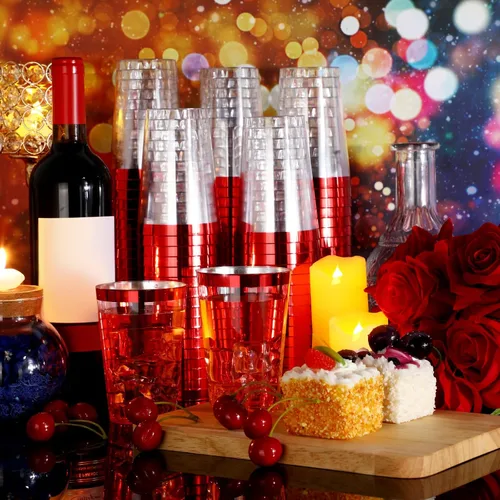 Miniatura 7 de Patelai 100 piezas de vasos de plástico rojos de 12 oz, vasos de plástico con borde rojo resistentes, vasos desechables para vino, vasos