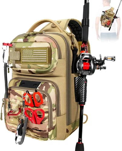 Miniatura 8 de Bolsa de pesca con soporte de caña de pescar, calcomanías fijas, sistema MOLLE, cebo suave y almacenamiento de equipos, regalo para hombres, negro