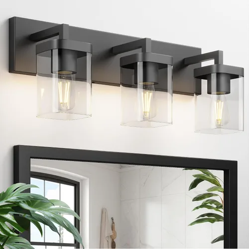Miniatura 19 de Juego de 2 apliques de pared, diseño cuadrado, accesorios de iluminación de baño con pantalla de vidrio transparente, luces de pared negras mate