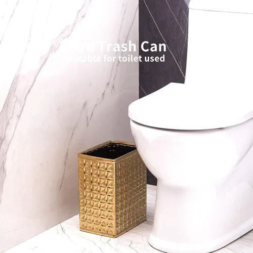 Miniatura 5 de Basurero para baño, pequeño bote de basura de oficina para cocina, cubo de basura rectangular delgado, cerámica, dorado