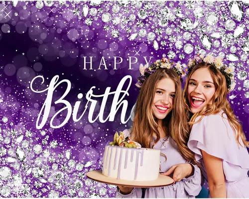 Miniatura 2 de Cartel de feliz cumpleaños morado para mujer, decoración de fondo de 5.9 x 3.6 pies con diamantes plateados brillantes, pancarta de feliz
