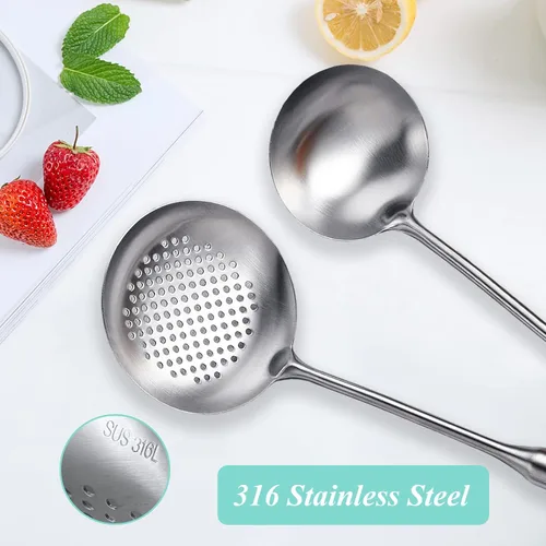 Miniatura 3 de Juego de 2 cucharones de sopa y cuchara ranurada, cucharones de cocina de acero inoxidable 316 de metal para colar alimentos, cucharón de cocina