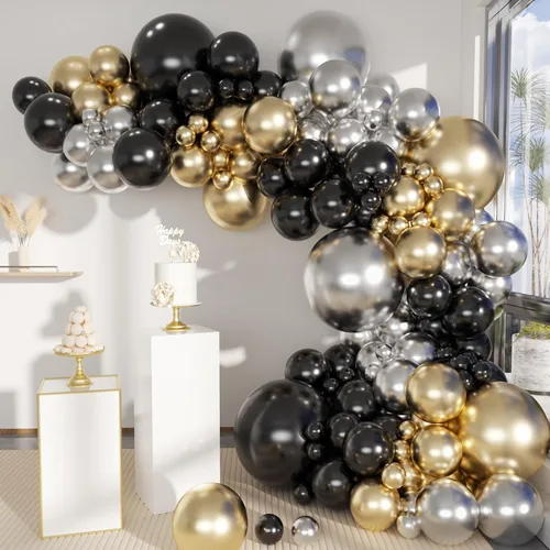 Miniatura 11 de MEBAY Kit de arco de globos negro, rojo y dorado, 141 unidades, globos negros mate, rosa intenso y dorados metálicos, confeti de oro