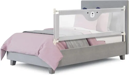 Miniatura 10 de BABY JOY Riel de cama para niños pequeños, 77 pulgadas, extra largo, altura ajustable y plegable, protector de riel de cama de bebé con malla Gris