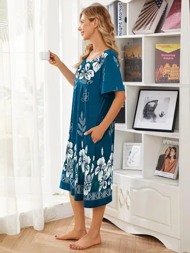 Miniatura 4 de Vestido de casa con bolsillos para mujer, camisón, vestido de manga corta de descanso, disponible en tallas S-3XL