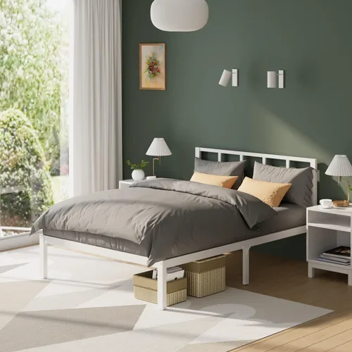 Miniatura 21 de Marco de cama de bambú tamaño completo con plataforma de madera sólida estable con listones antideslizantes, soporte para cama alta, no necesita