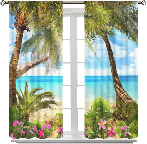 Miniatura 8 de Cortinas de playa con estampado de plantas tropicales y árboles de coco, paisaje natural, con bolsillo para barra, 2 paneles, decoración
