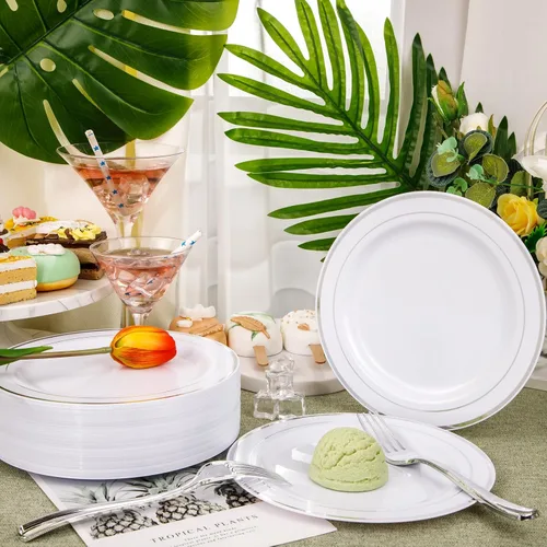 Miniatura 9 de Nervure 140 platos de plástico dorado festoneado y cubiertos de plástico dorado con mango blanco: 40 platos, 20 tazas, 20 tenedores, 20 cuchillos