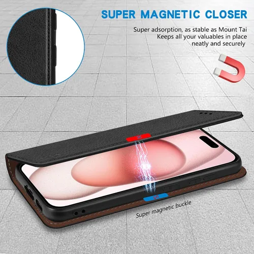 Miniatura 2 de ZZXX Funda tipo cartera para iPhone 15 con bloqueo RFID, soporte de ranura para tarjetas, funda protectora de cuero magnético fuerte plegable