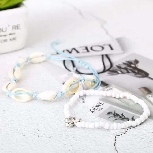 Miniatura 6 de Aluinn Juego de tobilleras de concha con capas de tortuga bohemia, pulseras de tobillo plateadas, cadena de pie de playa, accesorios de joyería