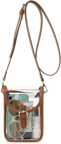 FAIME Pequeña bolsa transparente aprobada para estadios, bolsa cruzada transparente para teléfono celular con correa ajustable para conciertos Marrón