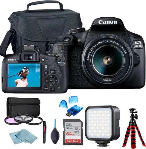 Canon Cámara DSLR EOS 2000D (Rebel T7) con lente de zoom Canon EF-S 0.709-2.165 in F/3.5-5.6 + estuche + tarjeta de memoria Sandisk de 64 GB + kit