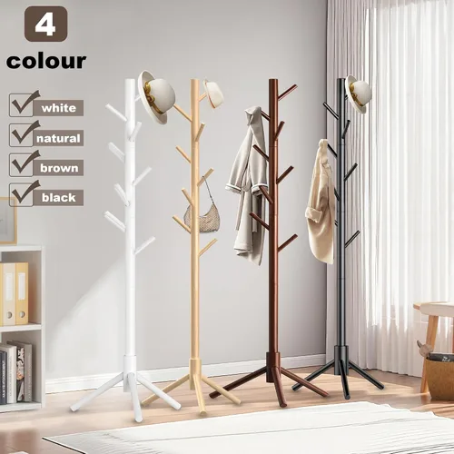 Miniatura 7 de Aliphon Perchero de madera, perchero independiente con 8 ganchos, árbol de abrigos de 3 tamaños ajustables para sombreros, abrigos, bufandas y Blanco